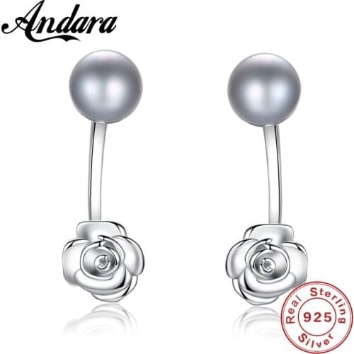 925 Sterling Silver Jewelry Earring 7-7.5mm Gray/White Pearl Stud Earring Romantic Flower Fashion Women Jewelry Wholesale