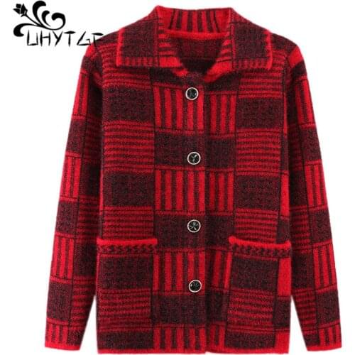 UHYTGF Spring autumn sweater jacket women fashion plaid knitted cardigan sweater Female lapel thicken plus size sweater coat 707