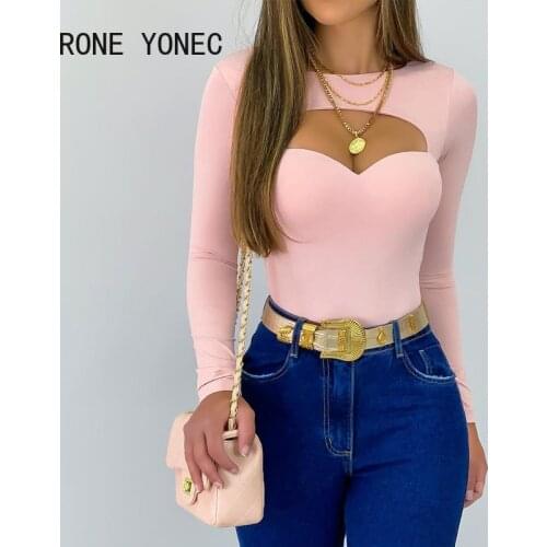 Women Chic Solid Basics Sexy Long Sleeves Bodycon Pink Blouse