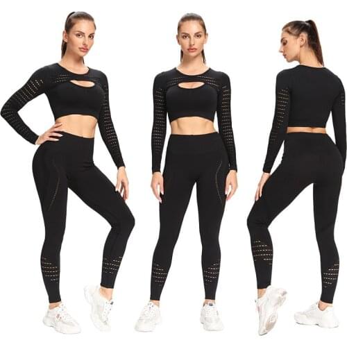 Women 2pcs Seamless Gym Set Sport Suit Gymwear Workout Clothes Long Sleeve Gym Crop Top High Waist Leggings Fitness Sports Wear