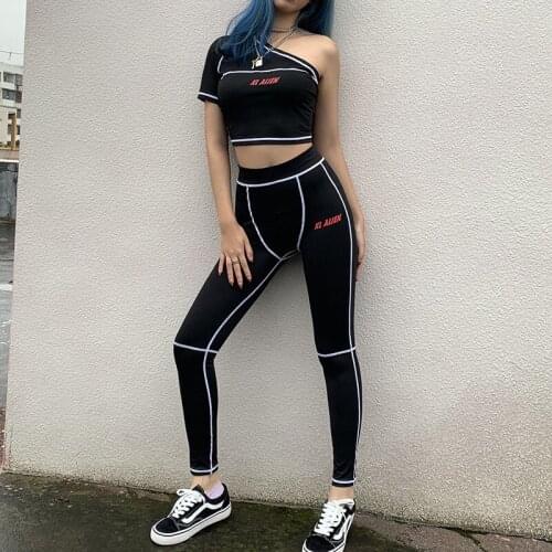 2019 Fashion Letter Print White Stripe Black Women Suit One Shoulder Splicing Top and Tight Long Pants Tracksuit Two Piece Set