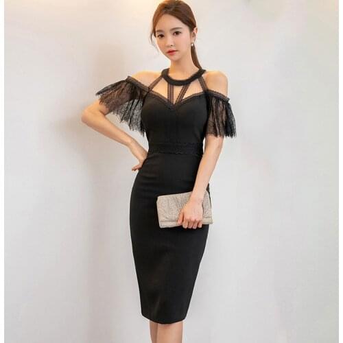 New Arrival Fashion Summer Lace Midi Party Club Dress Women OL Elegant Beach Sexy Hollow off-shoulder Black Bodycon Sundress