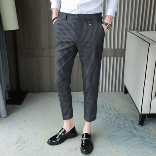 2021 new striped nine-point suit pants Korean fashion slim casual high-quality trendy office trousers plus size 29-36