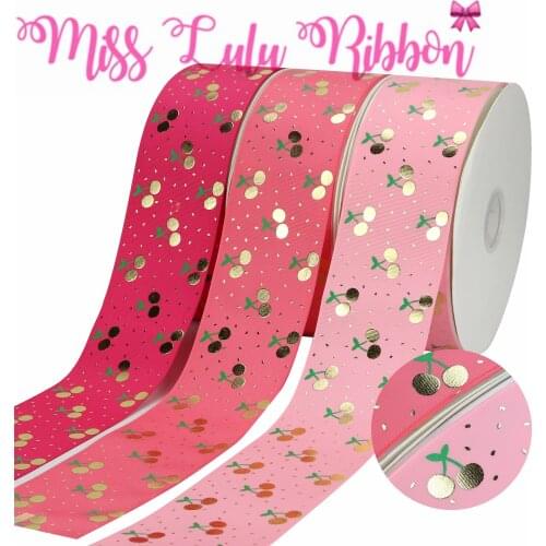 3"75mm Green Ink Gold Foil Cherry Pattern Pink Series Solid Grosgrain Ribbon DIY Bowknots Hair Band Making 50yards/roll