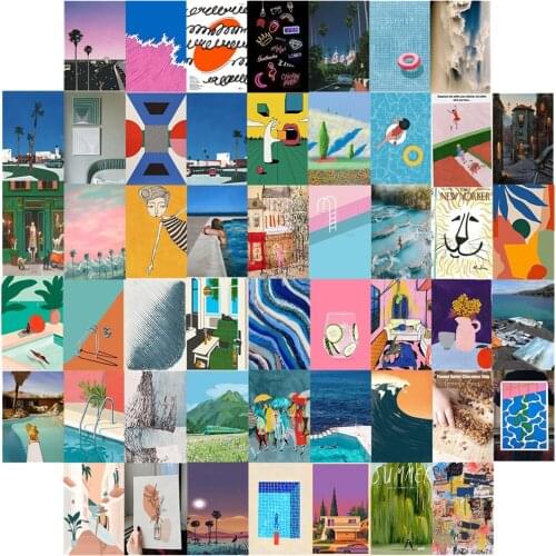 50Pcs Blue Aesthetic Cartoon Picture for Wall Collage Kits Summer Pool Print Fashion Living Room Wall Decor for Children Gifts