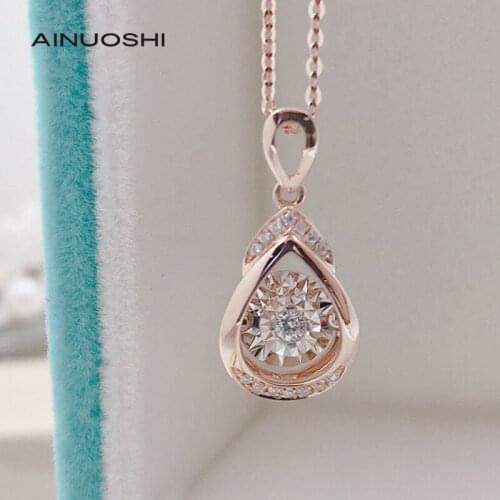 AINUOSHI 18K Gold Round Cut 0.07ct Real Diamond Water Drop Dancing Pendant Necklace , Holiday Jewelry Gift For Women , 18