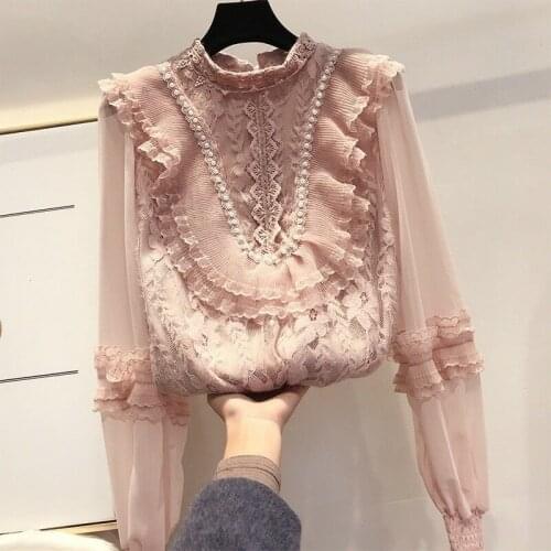 Womens Elegant Beaded Lace Blouses Ladies Temperament Lace Tops Women Lantern Sleeves Autumn Spring Slim Shirts
