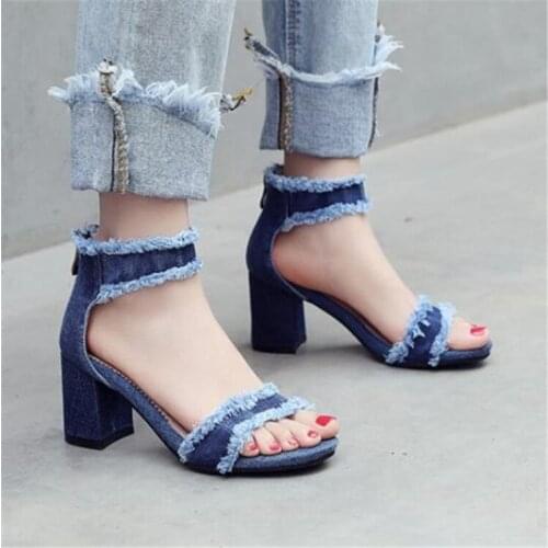 PXELENA Vintage Square Block High Heels Denim Sandals Women Blue Open Toe Sandals Lady Shoes Office Party Date Sandals Summer