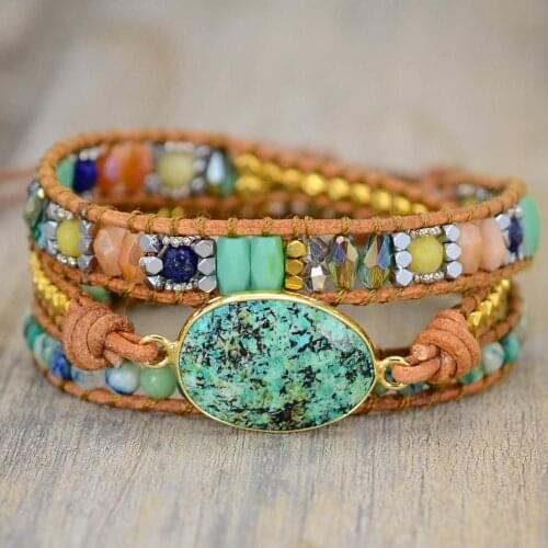 Chrysocolla 3 Wrap Bracelet Vintage Leather Bracelet Stone Bracelet Bohemia