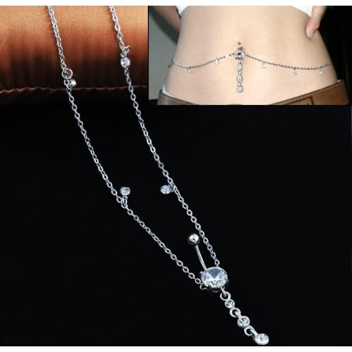 Rhinestone Crystal Bar Waist Chain Stainless Steel Pendant Piercing Belly Barbell Navel Ring Body Piercings