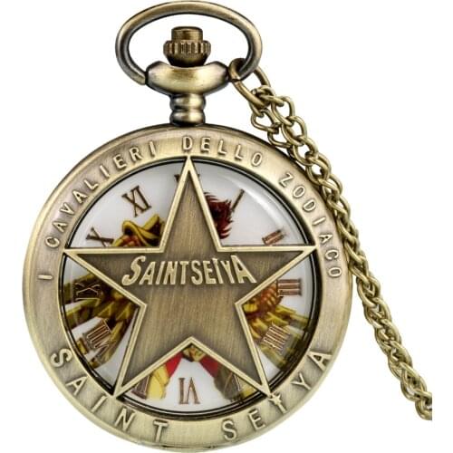 Saint Seiya Theme Bronze Necklace Pocket Watch Antique Gold Analog Display Pendant Clock Gifts Kids Boy