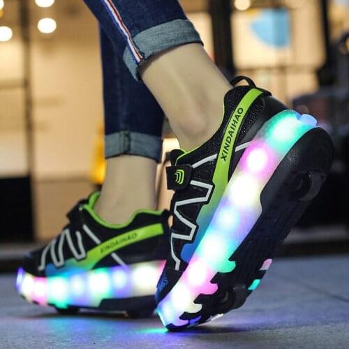 Children Boy Girl Two Wheels Luminous Glowing Skating Sneakers Kids Tennis Shoes for Boys Girls Led USB Roller Skate with Wheels