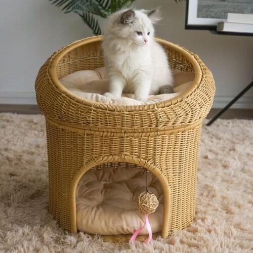 Cats House Handwoven Pet Nest Double Layer Cat Bed Basket Cat Cushion Sleeping Mat Accessories Supplies Puppy Kennel Cozy Cave