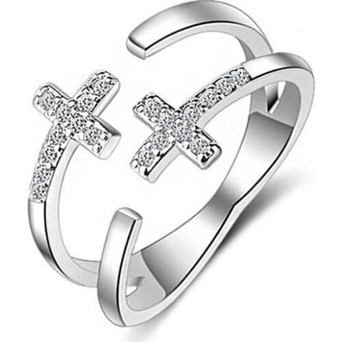 Double Tiny Cross CZ Zirconia Opened Finger Rings for Women Men Rose Colors Resizable Rings Fashion Party Jewelry Gifts