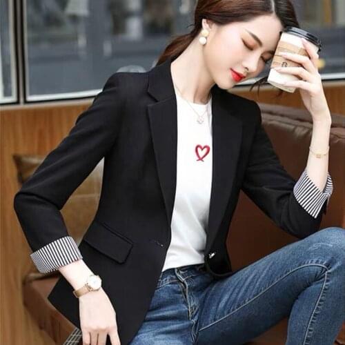 Elegant Black Blazer For Women Office Lady Striped Notched Jacket Solid Business Work Uniform Outwear Female Coat Spring 2021