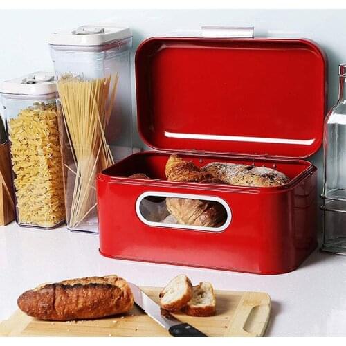 Red Bread Box Food Storage Bin Metal Red Container Organizer For Kitchen Countertop Dinner Rolls Vintage Retro Design
