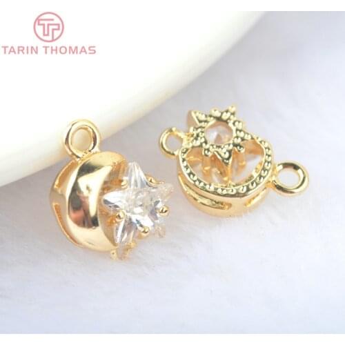 6PCS 14*10MM 24K Gold Color Brass with Zircon Star and Moon Charms Pendants High Quality Diy Jewelry Findings Accessories