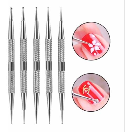Makartt 5 Pcs Stainless Steel Double Way Marbleizing Nail Art Dotting Pens Manicure Tools Nail Gel Polish Pen Nail Care F0337