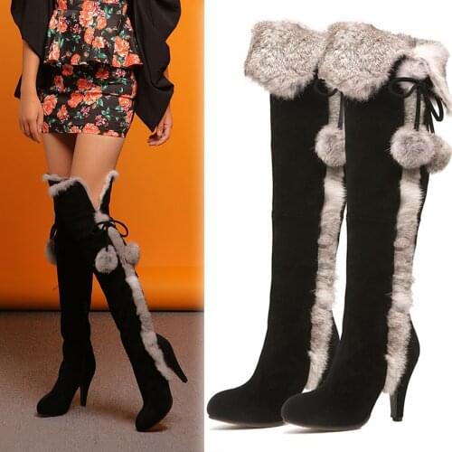 Fashion Women Winter Fluffy High Heels Shoes Ladies Cow Suede Over The Knee Boots Round Toes Stiletto Heels Zipper Boots Black