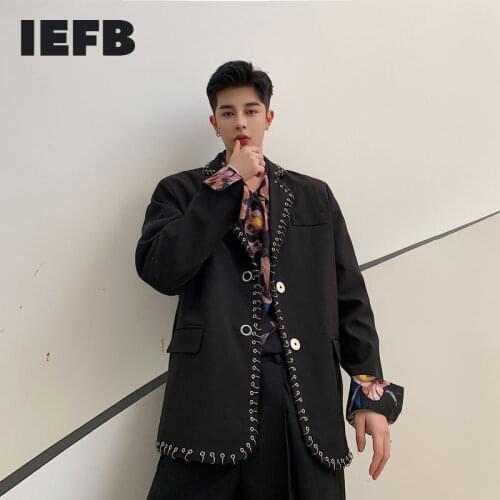 IEFB Mens Wear Ring Decoration Black Blazers Streetwear Mens Handmade Suit Coat 2021 Spring New Single Breasted Cloth 9Y3760
