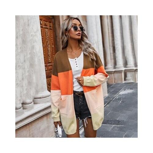 Autumn And Winter Fashion New Color-blocking Sweater Jacket The Womans V-neck Cardigan Long Large Pocket Warm And Thick Sweater