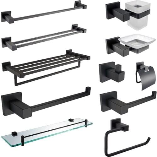 Luxury Bathroom Accessories Towel Rack SUS304 Stainless Steel Bath Glass Shelf Wall Mounted Towel Ring Toilet Brush Hoder Hook