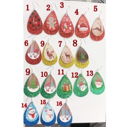 Christmas Santa Earrings Glitter Stripe Two Layers Faux Leather Lightweight Leaf TeaDrop Earrings