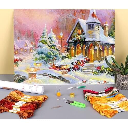 Christmas Village Printed Fabric 11CT Cross Stitch Embroidery Complete Kit DMC Threads Knitting Handiwork Handmade Package