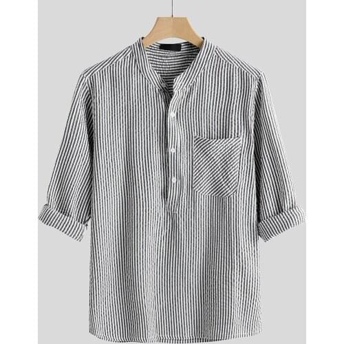 Mens Summer Linen Shirts Casual Stripe Patchwork Long Sleeve Cardigan Gothic Chest Pocket Camicias Buttons Harajuku Chemise Top