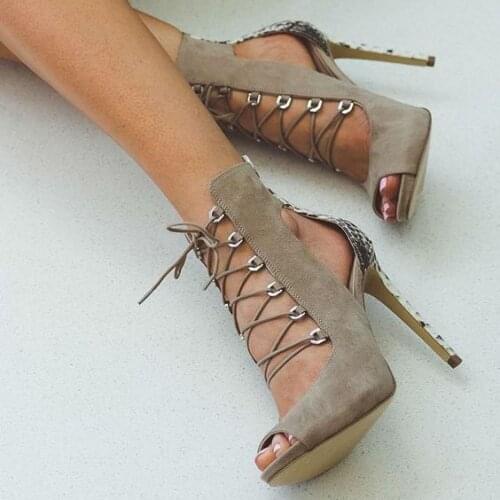 Peep toe super high thin heels cross-tied women 2019 Summer hgih heel sandal cutouts lace-up lady casual shoes snakeskin heels