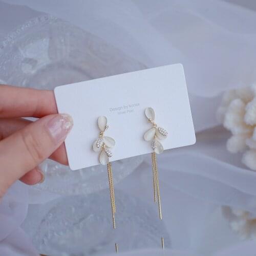 Korea Fashion Jewelry 14k Real Gold Plated Exquisite Micro-inlaid Zircon Leaf Shape Tassel Earrings Holiday Daily Long Earring