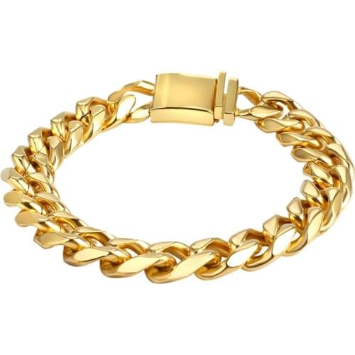 12mm Mens thick Bracelet Curb Cuban Link Chains 316L Stainless Steel Mens Womens Bracelets Bangles gifts Gold Tone No Fade