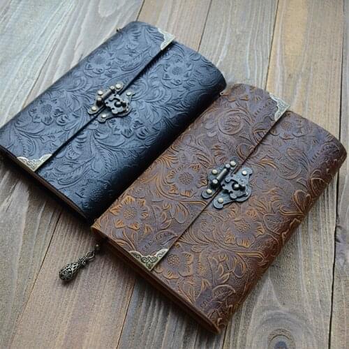 Genuine Leather Notebook Vintage Europe Floral Design Diary Notebook Cowhide Sketchbook Creative Stationery Gift
