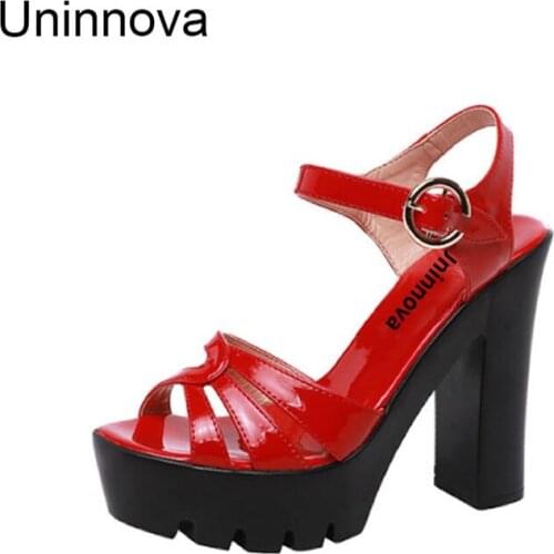 Women Summer Patent Leather Platform Super High Heel Sandals Red Black White Fashion Elegant Stable Chunk Heels Uninnova WSA083