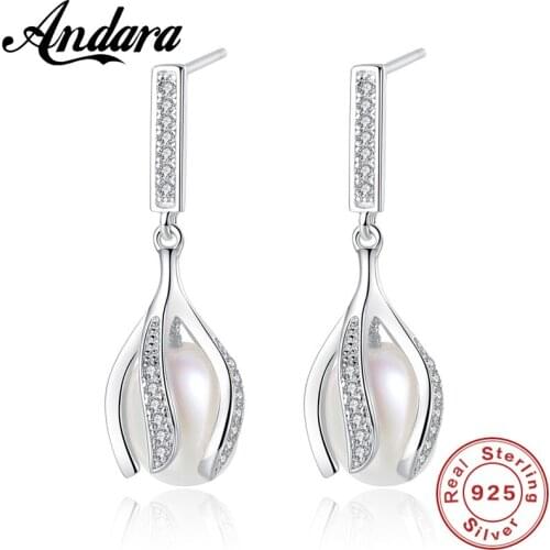 Women Pearl Earrings Genuine 925 Silver AAA Zircon Crystal 7-8mm Natural Pearl Jewelry Earrings