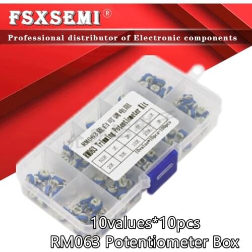 10Values *10PCS=100pcs RM063 Vertical Adjustable Resistor Kit + Box 500 ohm-1M ohm Multiturn Trimmer Potentiometer Set