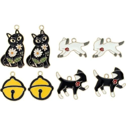 10pcs/lot Cute Flowers Cat Bell Enamel Charms For Jewelry DIY Accessories Bachelors Clothing Pendants Floatings Keychain Crafts