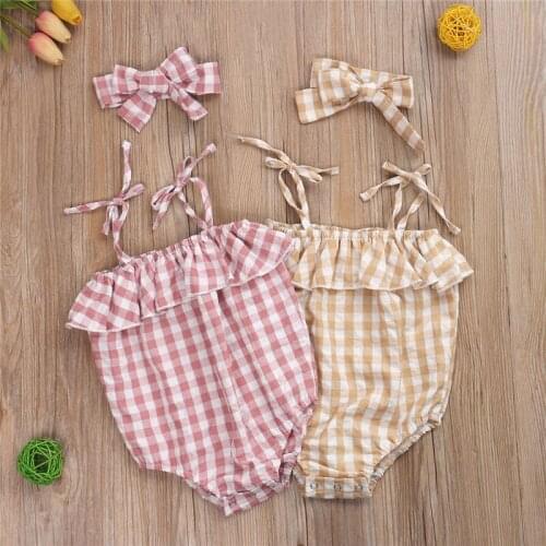 2020 Summer Baby Girls Clothing Newborn Infant Baby Girls Ruffles Sleeveless Sling Plaid Print Rompers Jumpsuits Outfits 2pcs