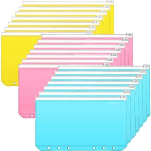 30 Pcs A6 Size Binder Pocket Colorful 6 Holes Loose Leaf Zipper Bag Plastic Binder Zipper Folders Waterproof File Bags