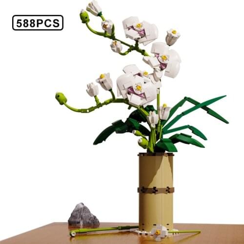 588Pcs Pure Color Phalaenopsis Bouquet Blossom Flowers Building Blocks Friends DIY Assembly Home Furnishings Bricks Toy for Girl