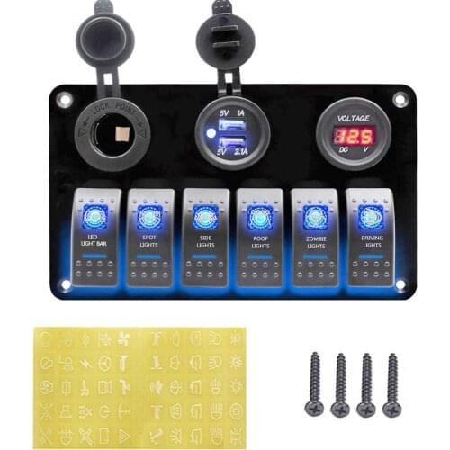 6 Gang Waterproof Toggle Switch Panel 2USB Socket Charger with LED Voltmeter For Car SUV Marine RV Truck Camper Boat