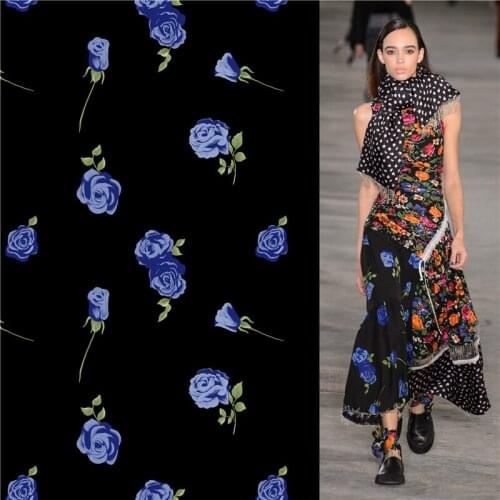 Polyester satin dress high-end blue rose pattern custom fashion floral printed cloth diy patchwork 054