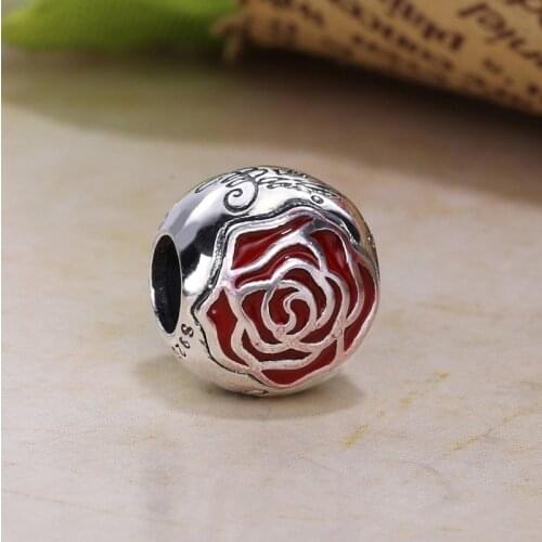 925 Sterling Silver Flower Beads Enamel Red Rose Round Charms Fit Original pan Bracelet Necklace For Women DIY Jewelry