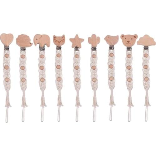 OOTDTY Baby Teething Soother Beech Wood Clip Cotton Rope Crochet Pacifier Chain DIY Dummy Nipple Holder Leash Strap Shower Gifts