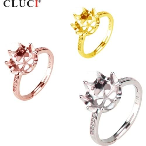 CLUCI Real Silver 925 Adjustable Classic Crown Ring for Women Wedding Engagement Jewelry Zircon Pearl Ring Mounting SR2071SB