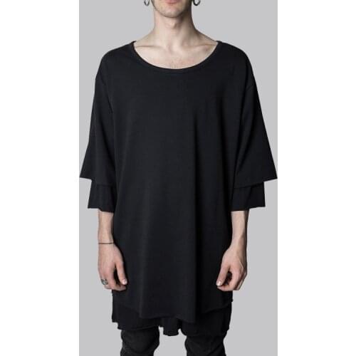 Double-layer raw-edge T-shirt loose five-point sleeves men and women niche dark street design basic primer