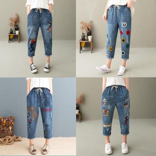 Capris High Waist Jeans Woman Denim Harem Pants Summner 2020 Vintage Loose Ripped Hole Embroidery Jean Femme Plus Size