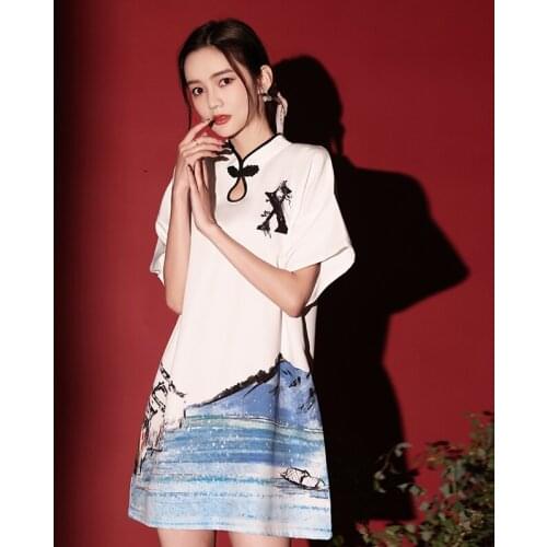 Fashion Japanese Harajuku Party Dress Women Chinese Retro Printed Cheongsam Girl Travel Casual Qipao Club Dress Streetwear 30970