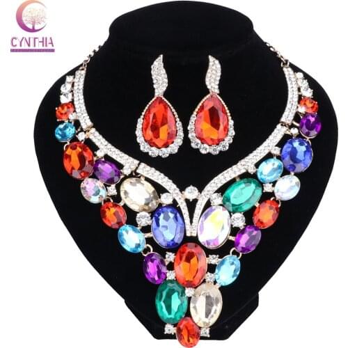 Fashion Jewelry Chunky Gem Crystal Flower Choker Necklace Statement Necklace Earring Party Dress Jewelry Sets 10 Colors