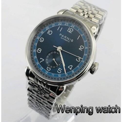Parnis 42mm silver case blue dial GMT arab mark date window solid stainless steel mens top business automatic mechanical watch